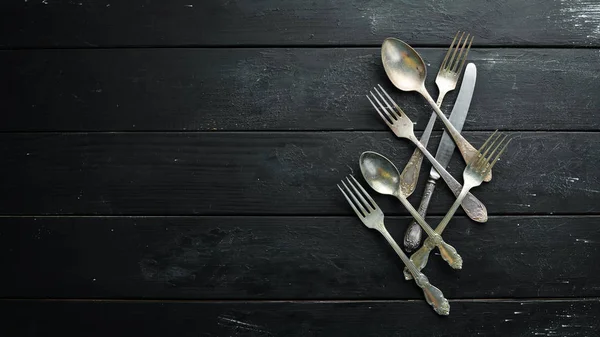 Old Cutlery Black Background Top View Free Space Your Text — Stock Photo, Image