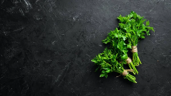 Green parsley on a black stone background. Top view. Free space for your text.
