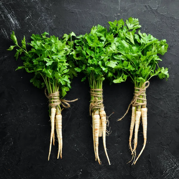 Root parsley and parsley on a black background. Top view. Free space for your text.