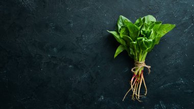 Siyah taş bir masada taze yeşil ıspanak. Üst te. Metniniz için boş alan.