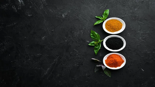 Colorful Herbs Spices Cooking Indian Spices Black Stone Background Top — Stock Photo, Image