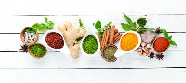 Various Spices Bowls White Background Indian Spices Top View — Stock Photo, Image