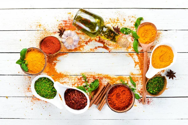 Various spices on white background. The word \