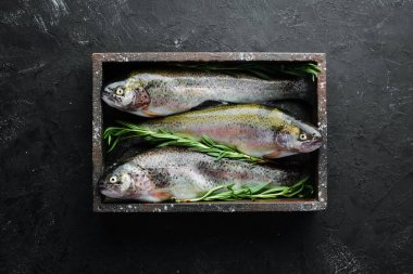 Siyah bir arka plan üzerinde çiğ balık alabalığı. Üst te. Metniniz için boş alan.