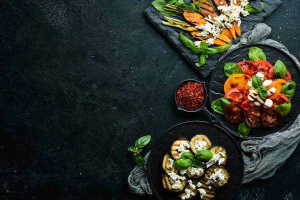 Surtido Platos Cocina Europea Comida Fondo Vista Superior Espacio Libre — Foto de Stock