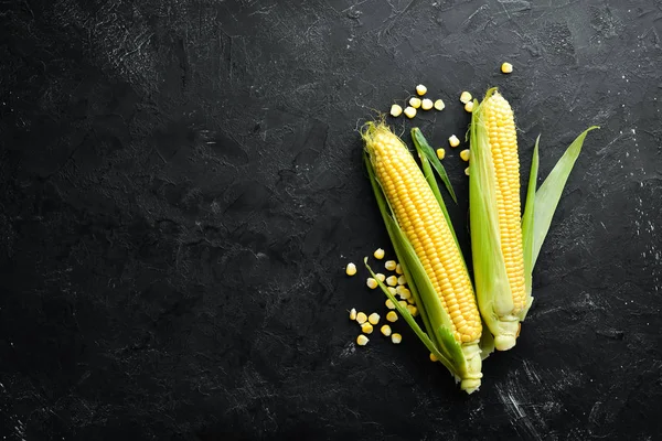 Свіжа Кукурудза Чорному Тлі Овочі Вид Зверху Вільний Простір Копіювання — стокове фото