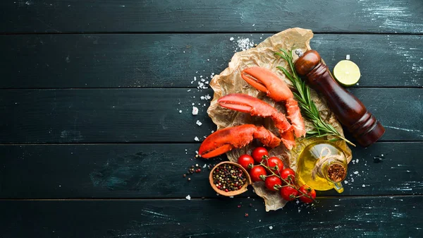 Homár Karmok Seafood Fekete Alapon Felülnézet Szabad Másol Hely — Stock Fotó