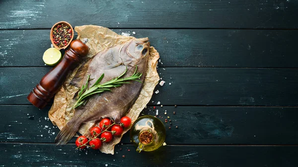 Raw Flounder Fish Spices Seafood Black Stone Background Top View — Stock Photo, Image