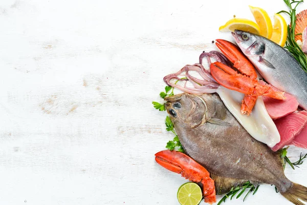 Fresh Fish Seafood White Wooden Background Flounder Lobster Squid Tuna — Stock Photo, Image