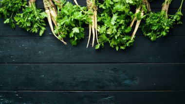 Ahşap bir arka planda kök maydanoz. Üst görünüm. Metniniz için boş alan.