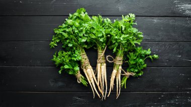 Ahşap bir arka planda kök maydanoz. Üst görünüm. Metniniz için boş alan.