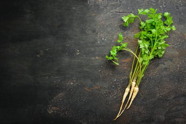 Ahşap bir arka planda kök maydanoz. Üst görünüm. Metniniz için boş alan.