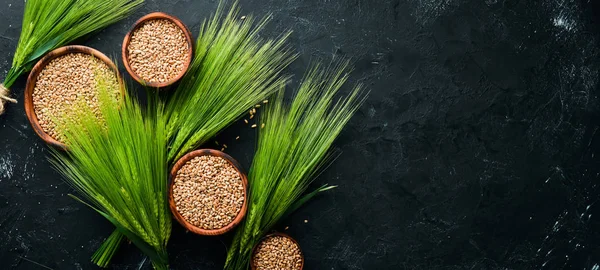 Seigle Grain Sur Une Table Pierre Noire Vue Dessus Espace — Photo