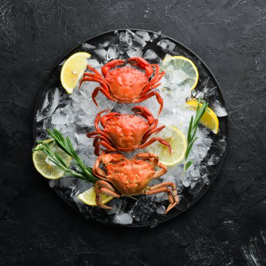 Buzun üzerinde limon olan yengeç. Üst görünüm. Metniniz için boş alan.