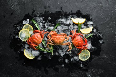 Buzun üzerinde limon olan yengeç. Üst görünüm. Metniniz için boş alan.