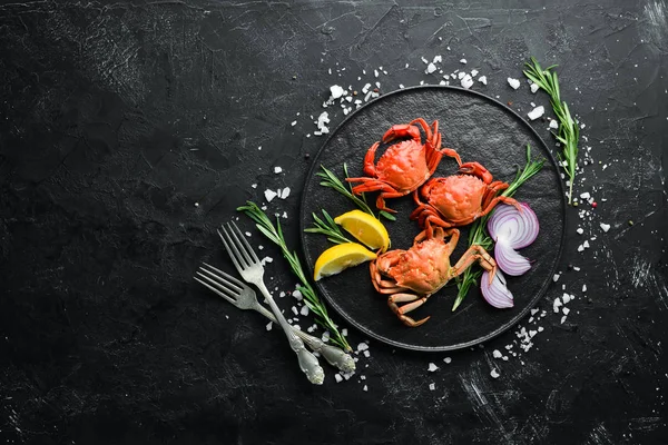 Cooked Crabs Spices Black Background Top View Free Space Your — Stock Photo, Image