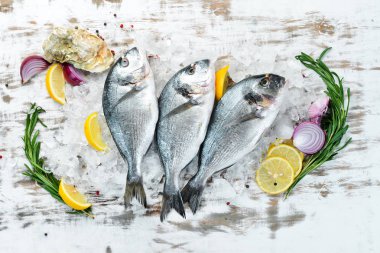 Buz üzerinde limon ve biberiye ile Dorado balık. Üst te. Metniniz için boş alan.