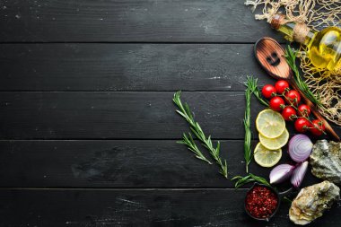 Pişirme afişi. Deniz ürünleri. Üst te. Metniniz için boş alan.