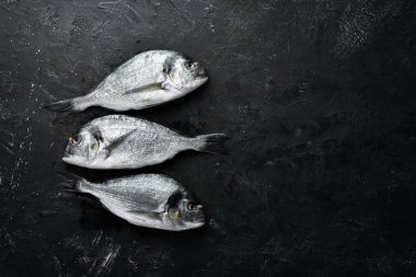 Deniz ürünleri. Dorado balığı. Üst te. Siyah taş arka plan üzerinde.