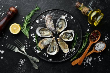 Taze İstiridye. Deniz ürünleri. Üst te. Siyah bir arka plan üzerinde. Ücretsiz kopyalama alanı.