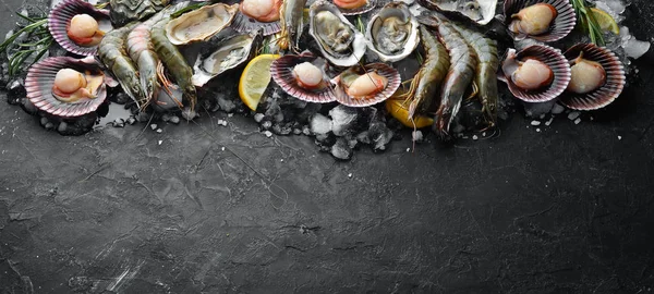 Zeevruchten Oesters Sint Jakobsschelpen Garnalen Bovenaanzicht Een Zwarte Achtergrond Vrije — Stockfoto