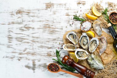 Limonlu Taze İstiridye. Deniz ürünleri. Üst te. Beyaz ahşap bir arka plan üzerinde. Ücretsiz kopyalama alanı.