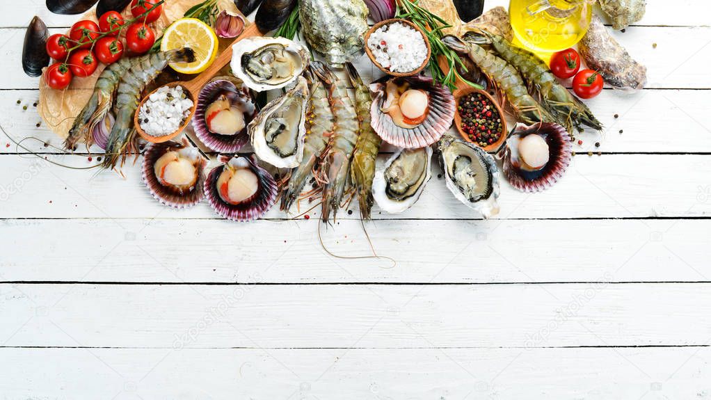 Seafood. Oysters, scallops, shrimp. Top view. On a white wooden background. Free copy space.