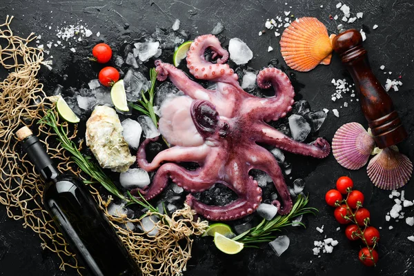 Chobotnice Černém Pozadí Mořské Plody Volné Místo Pro Text Rovinatý — Stock fotografie