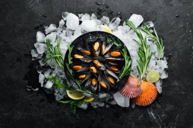 Baharatlı ve biberiyeli midyeler. Siyah arka planda deniz ürünleri. Üst te. Ücretsiz kopyalama alanı.