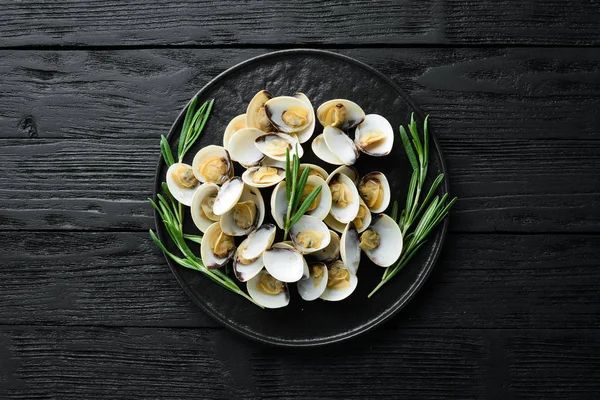 Boiled clams with spices in a plate. Seafood on black background. Top view. Free copy space.