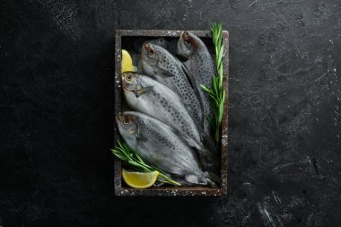 Limon, tuz ve biberiye ile çiğ deniz balığı. Siyah bir arka plan üzerinde. Üst te. Ücretsiz kopyalama alanı.