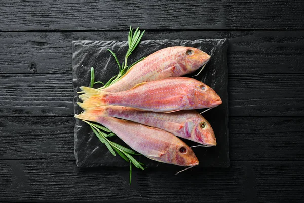 Red Mullet Fish Sea Fish Seafood Black Background Top View — Stock Photo, Image