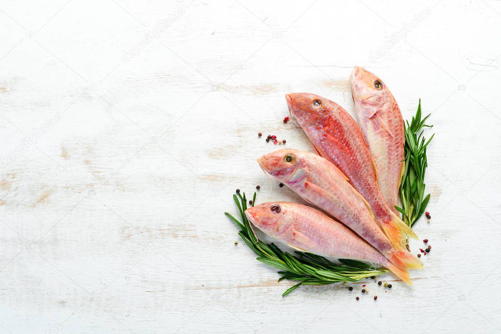 Fresh red mullet fish with lemon, salt and rosemary. Top view. Free copy space.