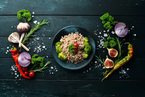 Boiled Green Buckwheat Dishes Menu Free Copy Space Top View — Stock Photo, Image