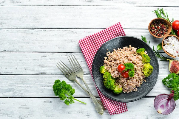 Boiled Green Buckwheat Dishes Menu Free Copy Space Top View — Stock Photo, Image