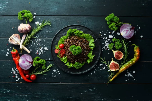 Lentilhas Cozidas Com Legumes Menu Pratos Espaço Livre Cópia Vista — Fotografia de Stock