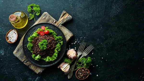 野菜とゆでたレンズ豆 料理メニュー 無料コピースペース トップビュー — ストック写真