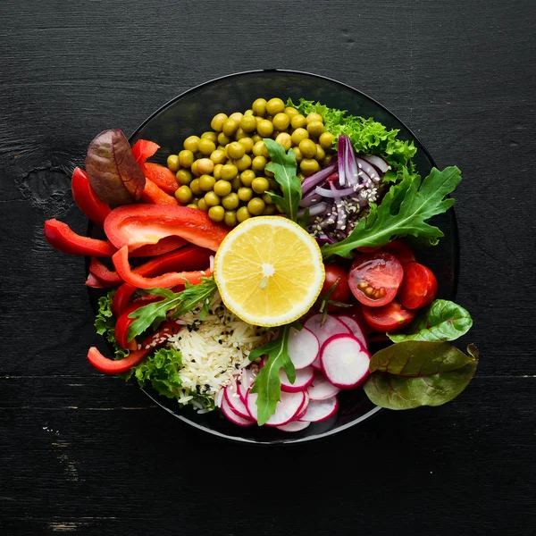Buddha bowl, healthy and balanced food. Rice, fresh vegetables. Dishes menu. Free copy space. Top view.