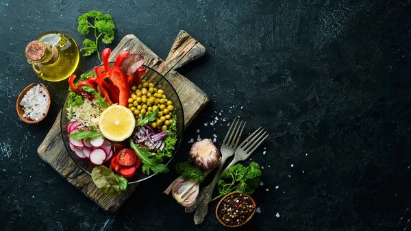 Tigela Buda Comida Saudável Equilibrada Arroz Legumes Frescos Menu Pratos — Fotografia de Stock