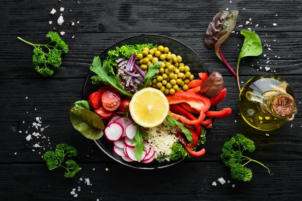 Buddha bowl, healthy and balanced food. Rice, fresh vegetables. Dishes menu. Free copy space. Top view.