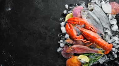 Taş zeminde deniz ürünleri. Istakoz, balık, kabuklu deniz ürünleri. Üst te. Ücretsiz kopyalama alanı.