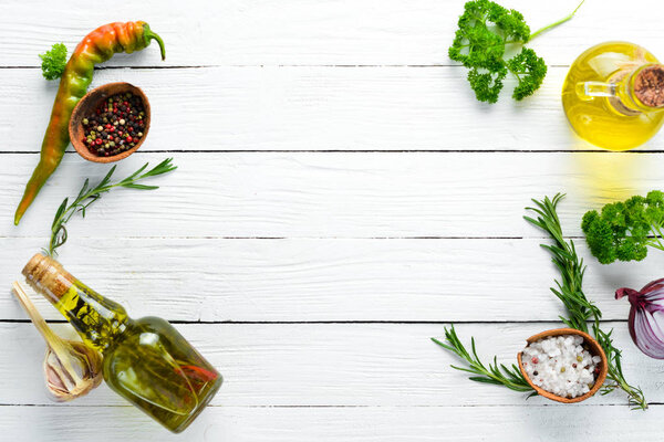 Баннер. Овощи, фрукты и специи. Меню блюд. Свободное место для копирования. Вид сверху
.