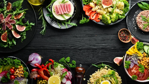 Conjunto Comida Menú Platos Gama Platos Espacio Libre Copia Vista —  Fotos de Stock