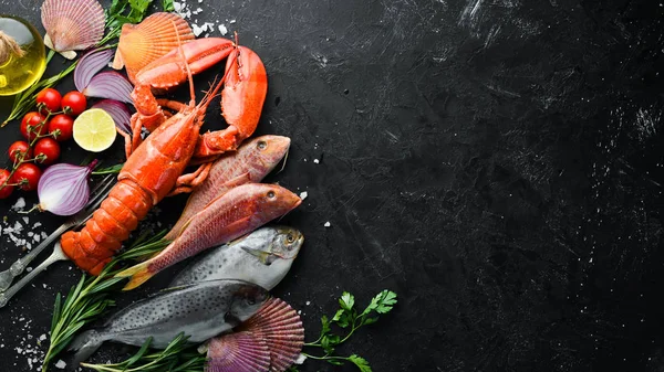 Taş Zeminde Deniz Ürünleri Istakoz Balık Kabuklu Deniz Ürünleri Üst — Stok fotoğraf