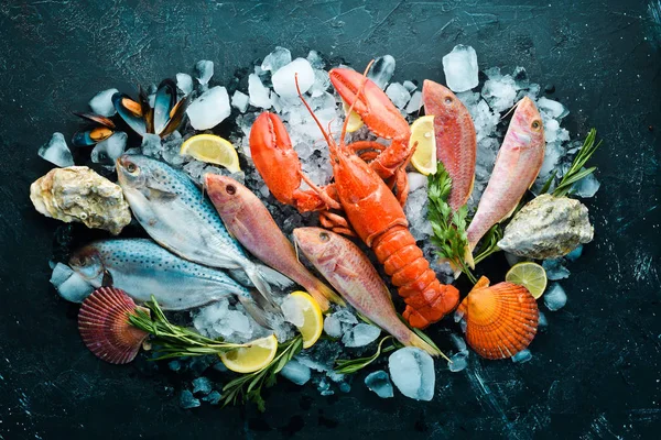 Mariscos Sobre Fondo Piedra Langosta Pescado Mariscos Vista Superior Espacio — Foto de Stock