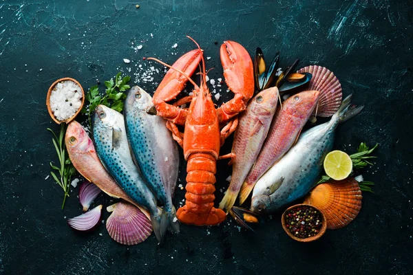 Taş Zeminde Deniz Ürünleri Istakoz Balık Kabuklu Deniz Ürünleri Üst — Stok fotoğraf