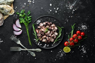 Baharat ve biberiye ile haşlanmış ahtapot. Tabakta. Üst te. Ücretsiz kopyalama alanı.