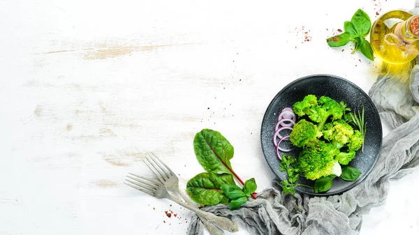 Brócoli Hervido Con Especias Plato Piedra Vista Superior Espacio Libre — Foto de Stock