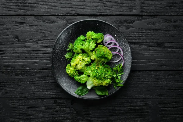 Broccoli Bolliti Con Spezie Piatto Pietra Vista Dall Alto Spazio — Foto Stock