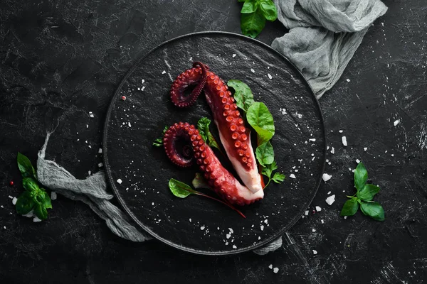 Boiled octopus tentacles on a stone plate. Seafood. Top view. Free copy space.